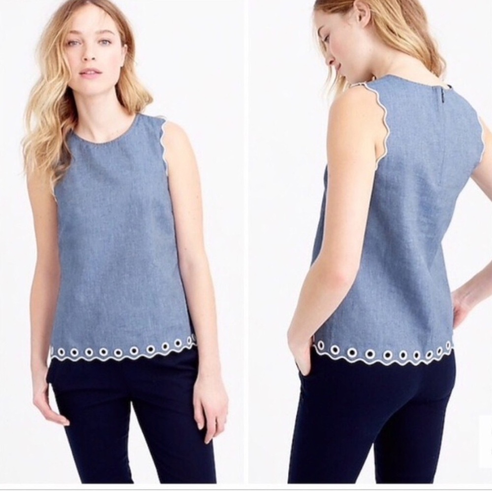 J. Crew Chambray Sleeveless Blouse with Scalloped Trim and Grommet Accents Size